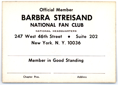 Streisand National Fan Club member card