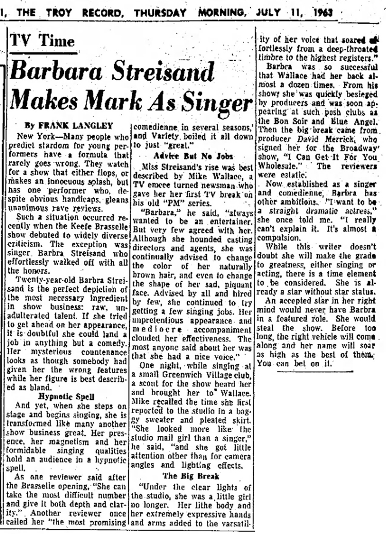 1963 article, Streisand Makes Mark as Singer