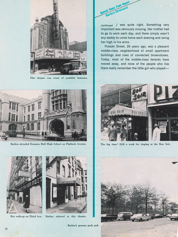 photos of Loew's Kings, Erasmus Hall, her Third Avenue walkup and the Bon Soir