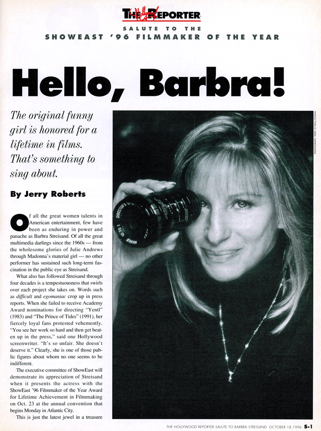 Hello, Barbra! The original funny girl is honored for a lifetime in films. That's something to sing about. By Jerry Roberts