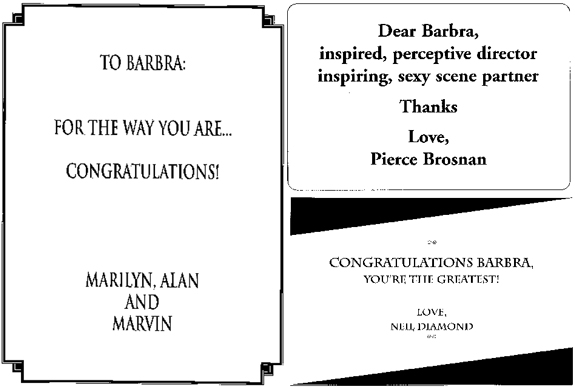 Congratulatory ads from Marvin Hamlisch, Marilyn and Alan Bergman, Pierce Brosnan,  and Neil Diamond